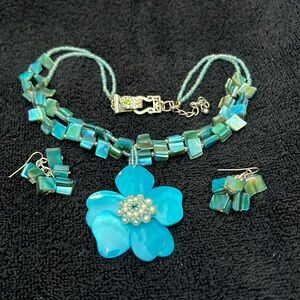 Blue shell flower necklace, earrings